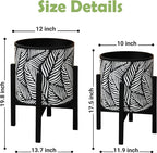 10 & 12 Inches Plant Pot with Stand Set of 2, Decorative Palm Leaves Printing Planter with Holder, Garden Pot for Snake Plant, Monstera, Houseplants - Indoor Outdoor Flower Pots with Drainage Holes