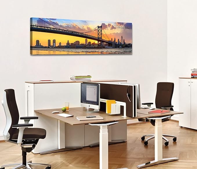Philadelphia Skyline Wall Art Cityscape Living Room Decor Panorama Pictures City Building House Poster Canvas Print Bridge Sunset Scenery Office Bedroom Decorations Framed 13.8"x45.3"
