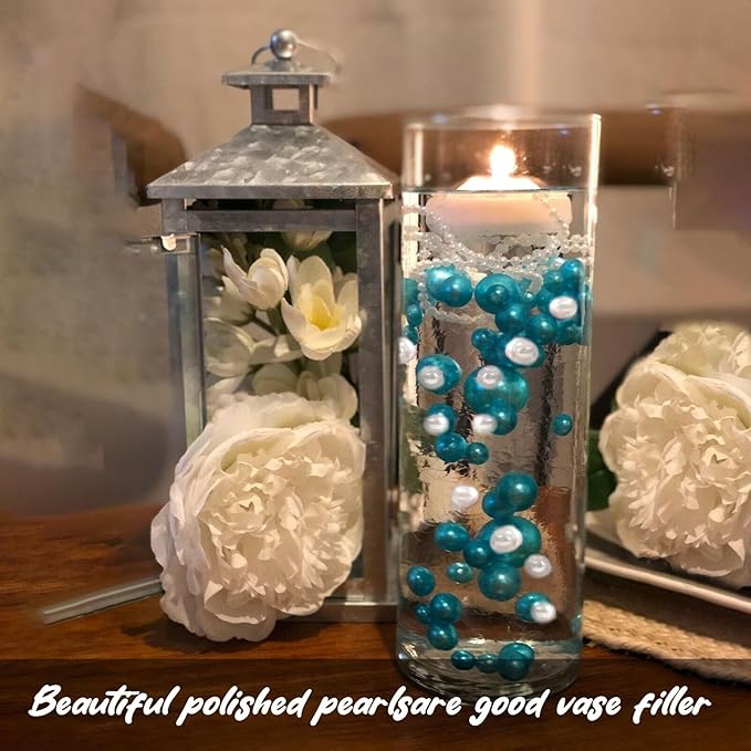 Teal White Vase Filler | 150PCS Pearls Bead for Centerpieces Vases | 8/14/20 mm No Hole Beads, Fake Pearls for Wedding Birthday Theme Party Table Centerpieces Decor