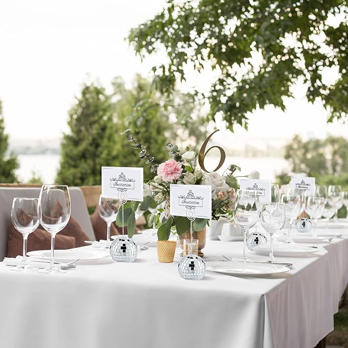 Maitys 120 Pcs Disco Ball Table Number Holders Silver Place Card with Swirl Wire Name Cards Photo Stand Clips Picture Holder for Christmas Wedding Party Favor (2 Inch)