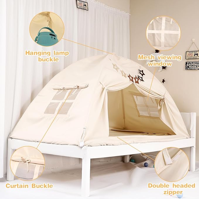 Bed Tent for Kid Twin Size Bed Canopy,Breathable Privacy Space Sleeping Drafty Room Dream Tents Indoor Play Tent Kid Sleep Tent（Beige,Twin）