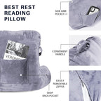 SLIGUY Reading Pillow Standard Bed Pillow for Sitting in Bed Couch or Floor-Backrest with Arms Support and Pockets, Adult Back Pillow Bed Chair for Bed Rest, Reading, Watching TV,Gaming, Grey