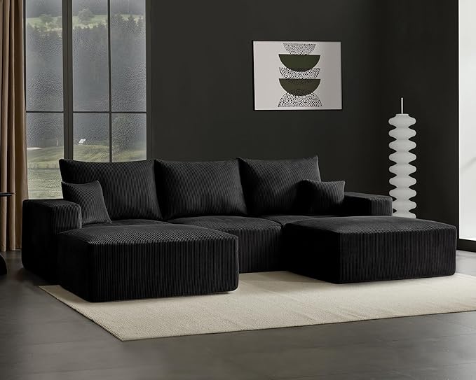 Boneless Sectional Cloud Couch Sofa for Living Room, 112" U-Shaped Modular Modern Lounge Sleeper Black Couches with Chaise, No Assemble, Cordury Compression Upholstered Sofas