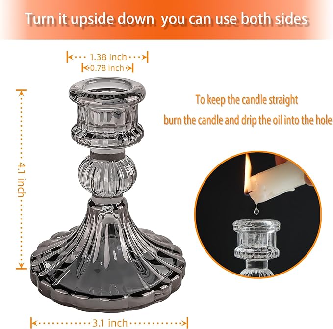 Glass Candlestick Holder,Striped Taper Candle Holders,Set of 6 Candle Stand for Table Centerpieces, Home Decor,Weddings,Festival and Parties (Grey Stripe Pattern)