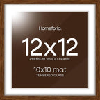 Homeforia 12x12 Frame Brown Wood, High End Dark Oak 12 x 12 Square Picture Frame with Mat 10 x 10 for Photo, 12by12 Wooden Walnut Poster Frame Matted to 10x10 Print, Tempered Glass, Wall Kit, Set of 1
