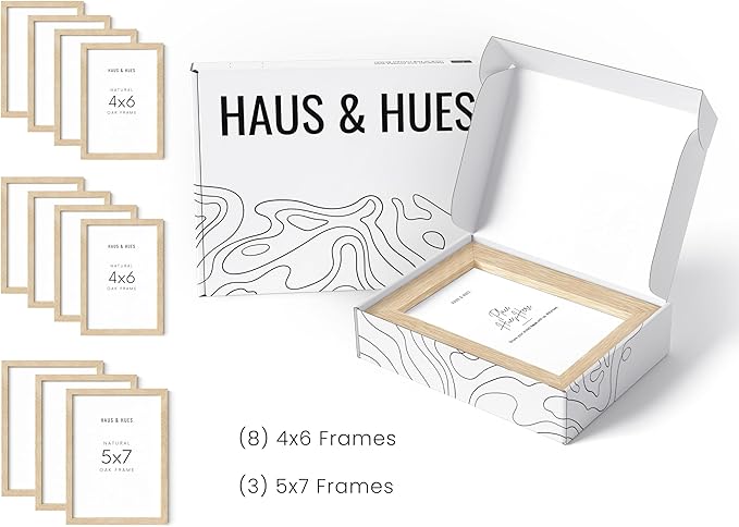HAUS AND HUES Natural Oak Wood Gallery Wall Tabletop Frames Made with Real American Oak and Shatter-free Plexiglass - Set of 11 (Eight 4x6, Three 5x7, Framed Beige)