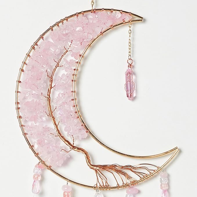 Fairy Pink Quartz Gemstone Dream Catcher 7 Chakras Tree of Life Moon Dream Catcher with Healing Crystal Stones Handmade Dreamcatcher Wall Decor for Adults Boys Girls,Bedroom,Wedding,Garden,Bless Gift