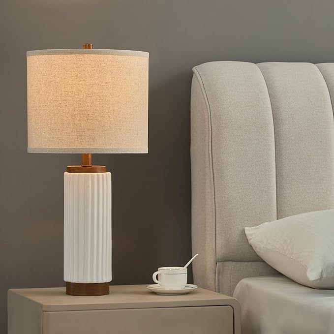 White Ceramic Table Lamp 3 Way Dimmable Nightstand Pottery Lamp Set of 2 with Oatmeal Shade 25" Modern Bedside Desk Lamp with USB A+C for Living Room Bedroom Farmhouse Dining Room Enterway