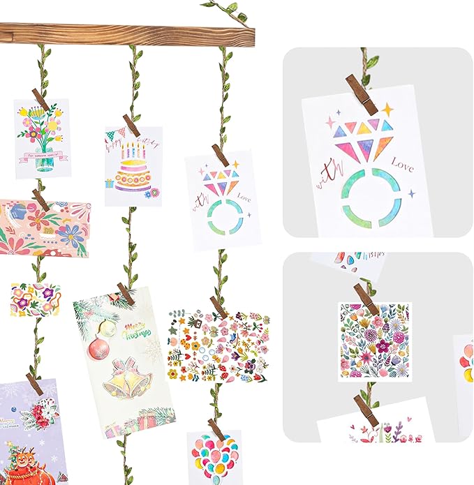 Wooden Hanging Photo Display Pictures Holders with 30 Clips,Picture Collage Frames for Wall,Suitable for Home Office Nursery Bedroom Room Dorm-Carbonized Black