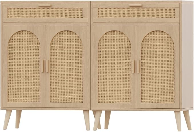 Irontar Rattan Storage Cabinet Set of 2, Buffet Sideboard with Storage, Coffee Bar with Drawer & Doors, Accent Floor Cabinet for Living Room, Dinning Room, Entryway, Natural