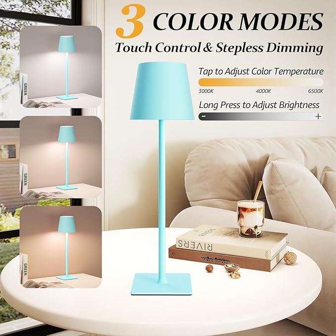 2 Pack Cordless Table Lamps, 3 Colors Stepless Dimming, 5000mAh Rechargeable Battery LED Desk Lamp for Bedroom/Couple Dinner/Desk/Cafe/Dining Room/Terrace