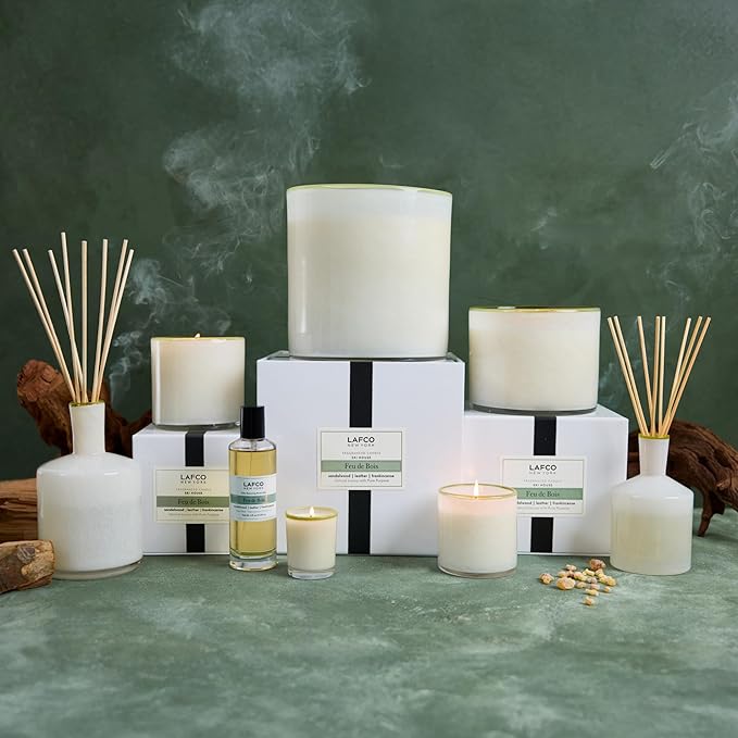 LAFCO New York 3-Wick Candle, Feu de Bois - 30 oz - 120-Hour Burn Time - Reusable, Hand Blown Glass Vessel - Made in The USA