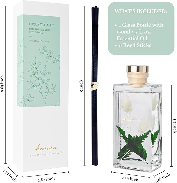 Flower Reed Diffuser Set, 5 oz Eucalyptus Mint Scent Diffuser with Sticks, Home Fragrance Scented Oil Reed Diffusers for Home, Bathroom, Decor & Gift