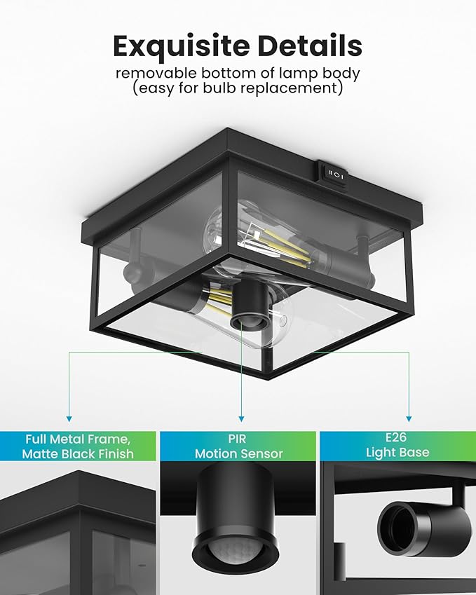 Outdoor Ceiling Light with Motion Sensor, Flush Mount Porch Ceiling Light, Exterior Ceiling Light Fixture with Clear Glass, Dusk to Dawn 2-Light Close to Ceiling Light Fixture for Patio,Porch,Garage