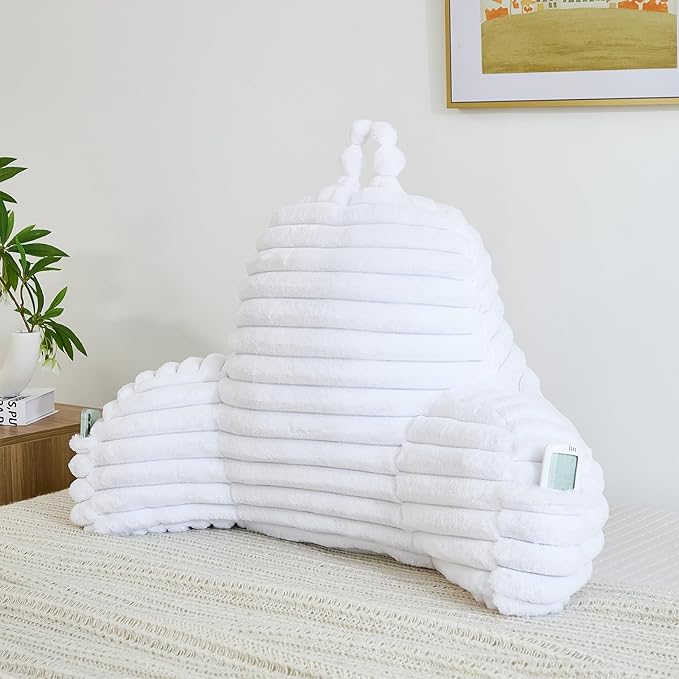 Faux Fur Fluffy White Reading Pillow with Pockets, Luxury Striped Plush Decorative, Arm Rests and Back Surport for Bed Rest, Lounging on sofa, Large