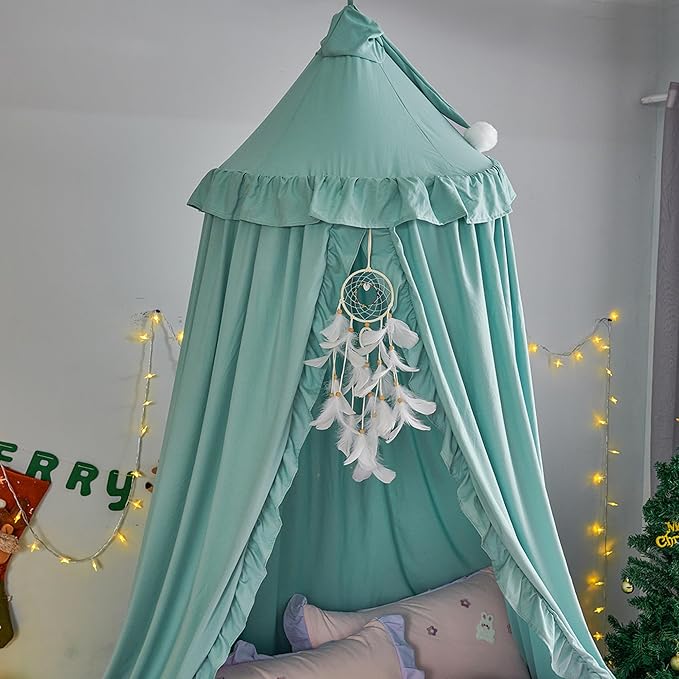 VETHIN Bed Canopy for Girls,Princess Round Dome Dreamy Mosquito Net Bedding Girls Room Castle Play Tent Hanging House Decor Reading Nook Canopies (Green)