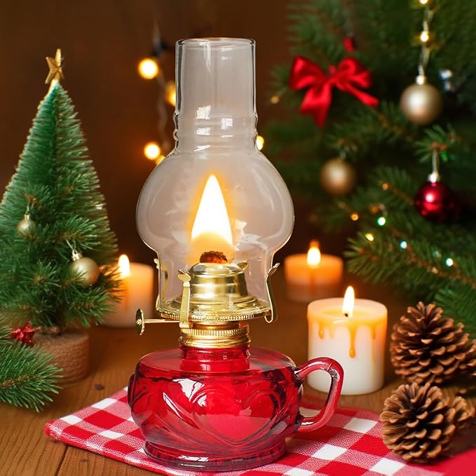 Large Rustic Kerosene Lamp Lantern Chamber Antique Oil Lamps for Indoor Use Home Decor Lighting Vintage Glass Clear (Red)