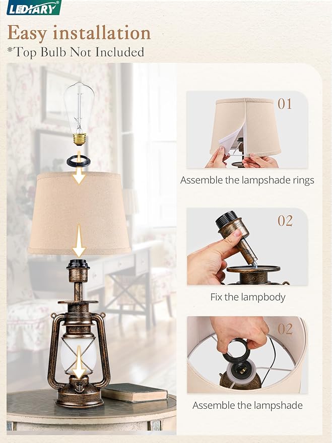 LEDIARY 18.72" Black Gold Vintage Lantern Flickering Flame Table Lamps for Bedrooms Set of 2, Small Farmhouse Rustic Vintage End Table Lamps, Halloween Decorative Lantern Bedside Lamps for Living Room
