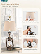 LEDIARY 18.72" Black Gold Vintage Lantern Flickering Flame Table Lamps for Bedrooms Set of 2, Small Farmhouse Rustic Vintage End Table Lamps, Halloween Decorative Lantern Bedside Lamps for Living Room