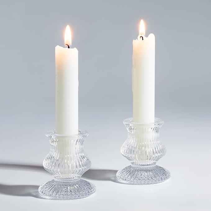 Romadedi Glass Candle Holder for Candlestick - 2 Pcs Clear Small Tapered Candle Holder Decor Wedding Table Centerpiece for Candle Sticks Christmas Party Living Room Dinner Advent