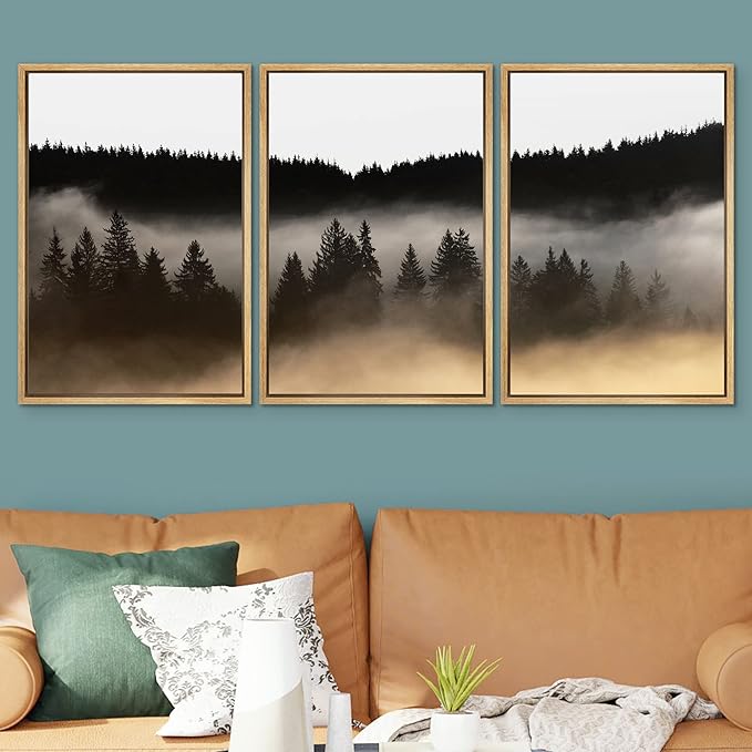 SIGNWIN Framed Canvas Print Wall Art Woodland Nursery Decor Set Misty Dark Mountain Forest Silhouette Nature Modern Art Rustic Landscape for Living Room, Bedroom, Office - 16"x24"x3 Natural