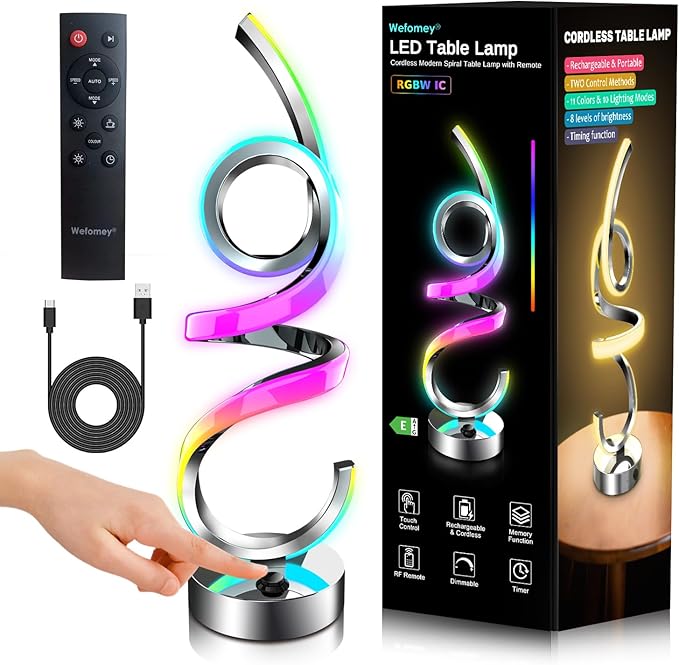 Modern Spiral Table Lamp Color Changing Night Light Rechargeable LED Nightstand Lamp Dimmable Bedroom Lamp Remote Control for Home Decor Living Room Bedroom Office