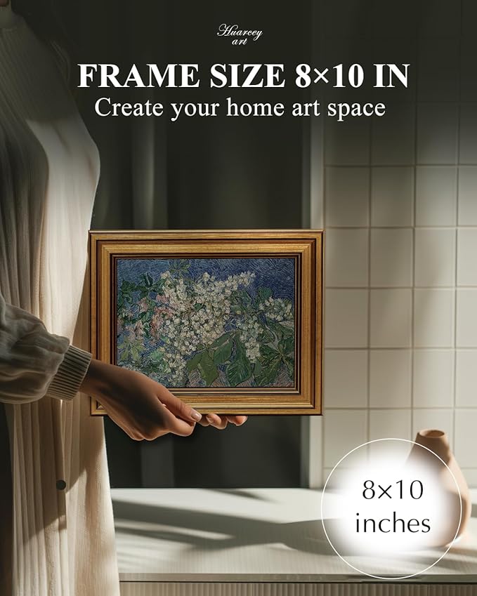 HUARCEY Gold Framed Vintage Wall Art for Living Room, Flowers Painting Canvas Prints Shelf Decor for Kitchen, Van Gogh Bedroom Wall Art, Christmas Gifts for Friends or Family ( Chestnut Branches 8"x10" )