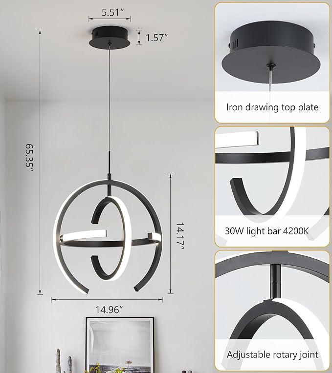 Q&S Modern Led Chandelier,Black Round Globe Hanging Pendant Light for Entryway Kitchen Island Dining Room Living Room Stairway