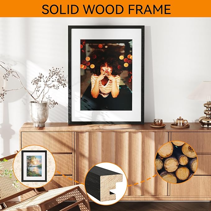 IBUYKE 18x24 Picture Frame,Solid Oak Wood 18x24 Photo Frame with Mat to 16x20,18x24 Picture Frames With Tempered Glass,Wall Mount Display,Home Decor,Black Oak 24 x 18 Frame,UWPF1824B