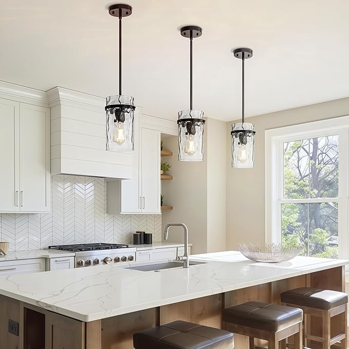 Black Hammered Hand-Blown Glass Pendant Light Modern Pendant Lights Kitchen Island, Hammered Glass Pendant Light Fixtures Farmhouse Dining Room Light Adjustable Pendant Lighting Over Sink 2 Pack