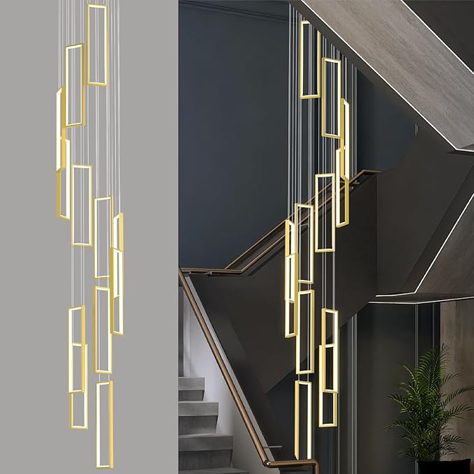 Modern Adjustable Height Pendant Light Fixture Gold 252W LED Pendant Lights 12 Rings Rectangular Chandelier Staircase Large Chandelier Lobby Living Room Foyer High Ceiling Chandeliers