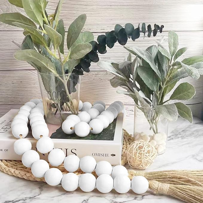 OMISHE 60" Long Extra Large Wood Bead Garland with 1.6" Diameter Wooden Beads and Tassels, Rustic Farmhouse Country Decorative Beads for Home Tiered Tray Decor, White