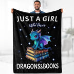 Dragon Book Blanket Gifts for Girl - Just A Girl Who Loves Books Themed Animal Lovers Throw for Woman Kids Adults Soft Fleece Cozy Bed Couch Decor Birthday Christmas Lightweight Blanket 50"x60"