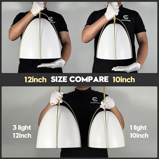 White Gold Pendant Light 3-Light Socket Large Pendant Light Fixture with Adjustable Pendant Rod 12in Dome Kitchen Pendant Lighting for Kitchen Island Dining Room Kitchen Sink, E26