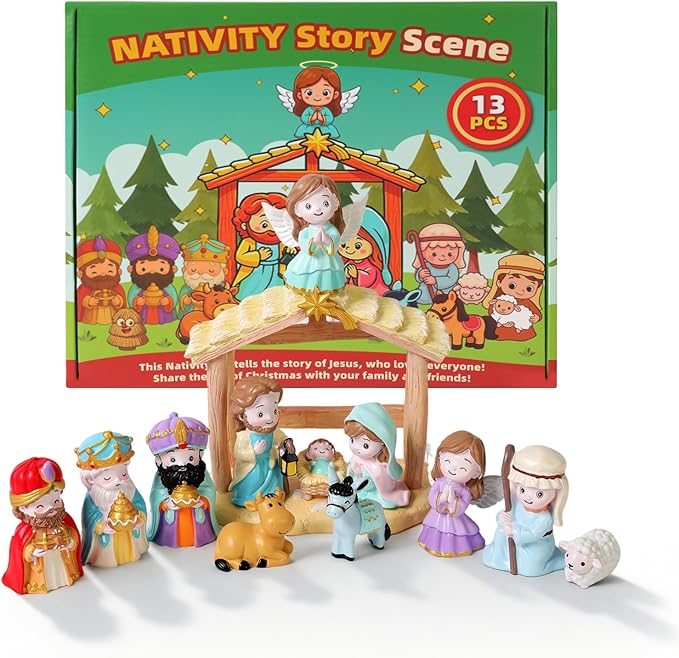 13Pcs Nativity Scene Educational Toy for Kids, Christmas Little Figurines Nativity Set, Reenact Miniature Nativity Figures Christian Toys for Toddler 3 4 5 6 7+ Christmas Birthday Gift