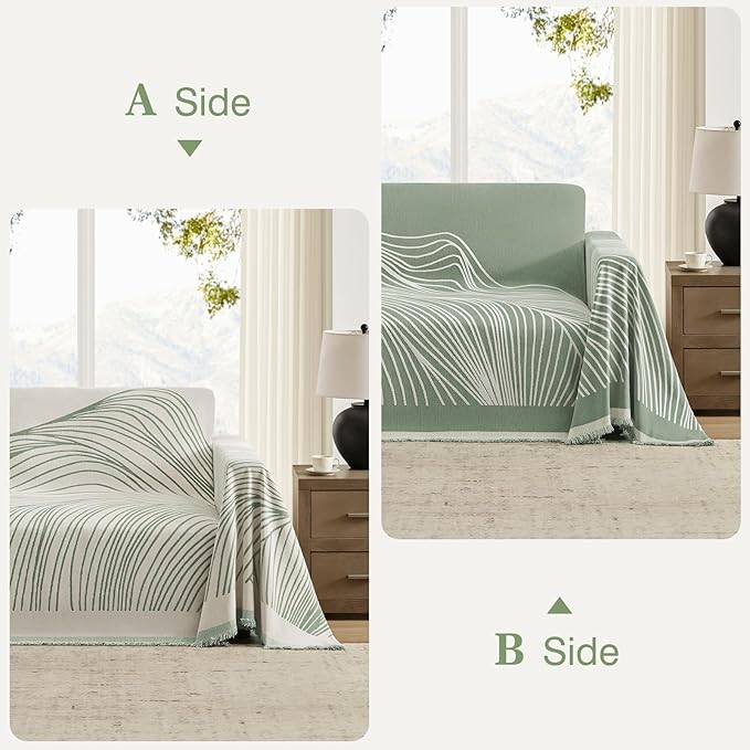 Boho Couch Cover Washable Sectional Couch Covers for Dogs Reversible Sofa Slipcover for 2 or 3 Cushion Couch Pet Friendly Furniture Protector (1# Sage Green, 91" x 150")