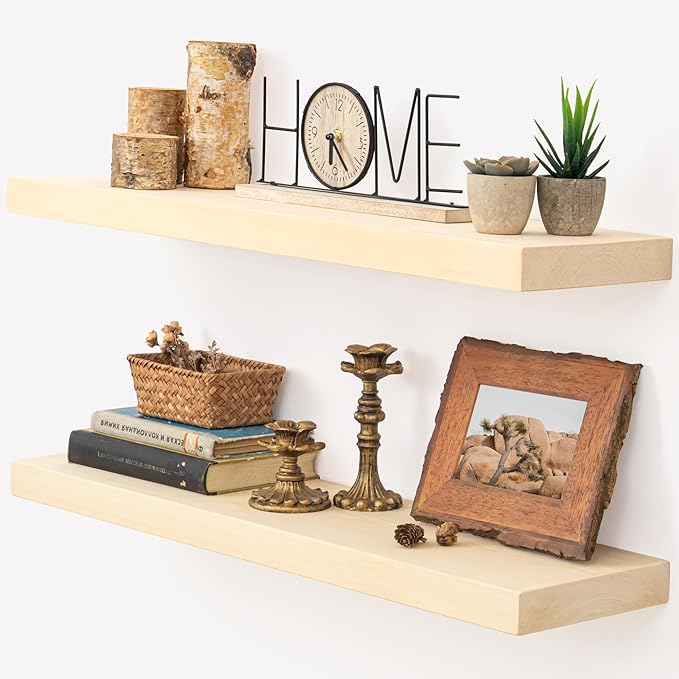 Marsmiles 30 Inch Floating Shelves for Wall - Natural Wood Floating Shelves Set of 2-30 Inch Wide x 7.7 Inch Deep x 1.6 Inch Thick Wooden Shelves for Room Wall
