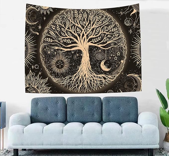 FORATER Tree of Life Tapestry Wall Hanging Sun Moon Stars Tapestries Aesthetic Galaxy Wall Tapestry Nature Home Decoration for Living Room Bedroom(53 x 61 Inch, Black and Gold)
