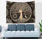 FORATER Tree of Life Tapestry Wall Hanging Sun Moon Stars Tapestries Aesthetic Galaxy Wall Tapestry Nature Home Decoration for Living Room Bedroom(53 x 61 Inch, Black and Gold)