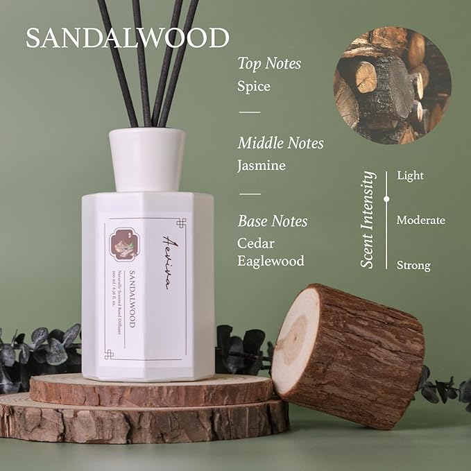 Reed Diffuser Set, Sandalwood Scented Oil Diffuser, 6.76 fl oz (200 ml) Home Fragrance Diffuser with Reed Sticks, Air Fresheners for Home, Bathroom Shelf Decor