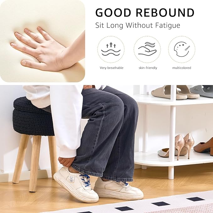 Wimarsbon Pouf Ottoman, 100% Cotton Knitted Boho Footstool, Round Footrest with Non-Skid Wood Legs, Home Décor Handmade Pouffe, Leisure Floor Step Stool for Living Room (High Storage Black)