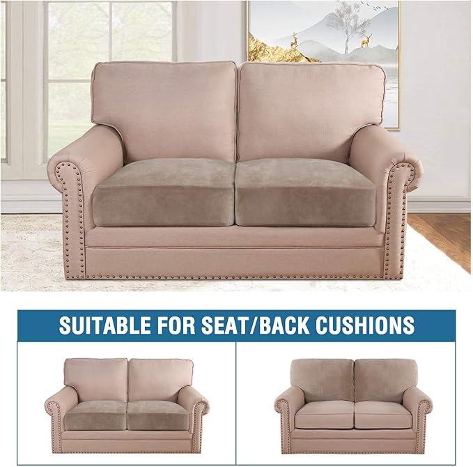 H.VERSAILTEX Velvet Stretch Couch Cushion Cover Plush Cushion Slipcover for Chair Loveseat Sofa Cushion Furniture Protector Seat Cushion Sofa Cover (2 Piece Large Sofa Cushion Covers, Taupe)