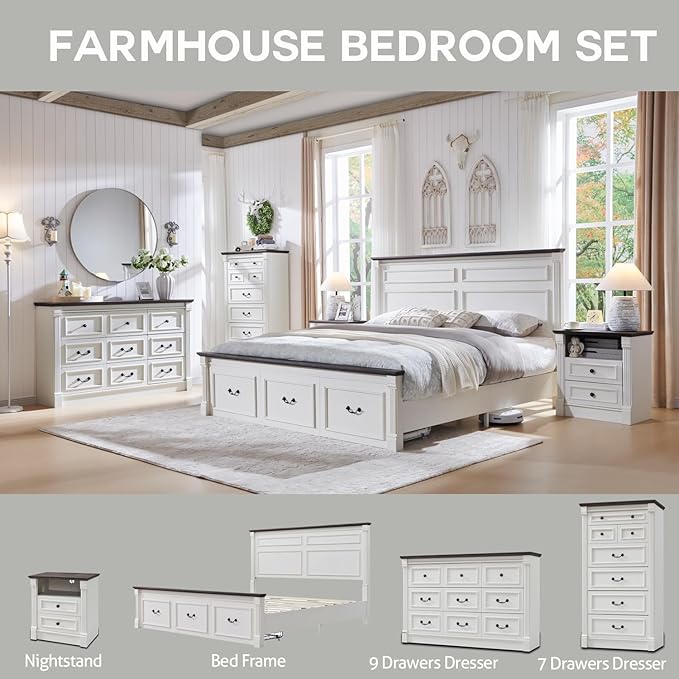 Farmhouse 9 Drawers Dresser for Bedroom, 55" Wide Large Dressers & Chests of Drawers w/Roman Column, Storage Dressers Organizer for Bedroom, Hallway, Living Room, White