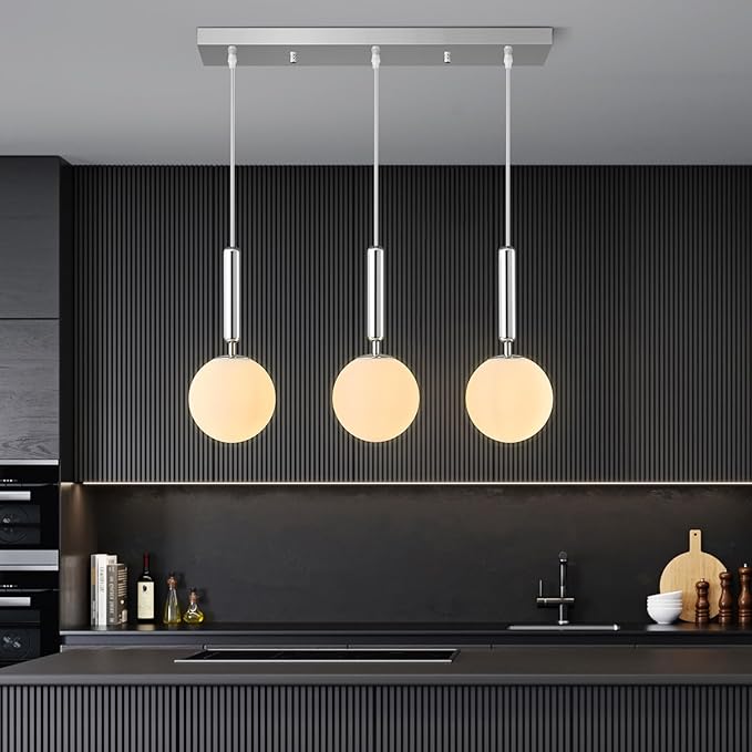 Modern Chrome Pendant Lights Kitchen Island Mid Century with Globe Pendant Light Milk White Glass Pendant Lighting for Living Room Bedroom Entryway (3 Lights)