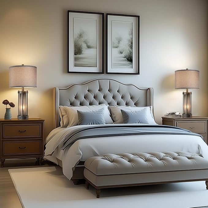 Set of 2 Rustic Table Lamps for Living Room with 2 USB Ports, Vintage Bedside Lamps with Gray Frosted Glass Night Light for Bedroom Desk Lamps for Entryway, 4 Bulbs Included