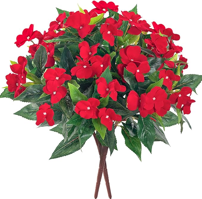 Artificial Impatiens Bouquet Flowers for Outdoors Silk Faux Flowers for Outdoor Impatiens Plants Decor Indoor Planters Kitchen Planters and Balcony Decorations 2PCS (Red)