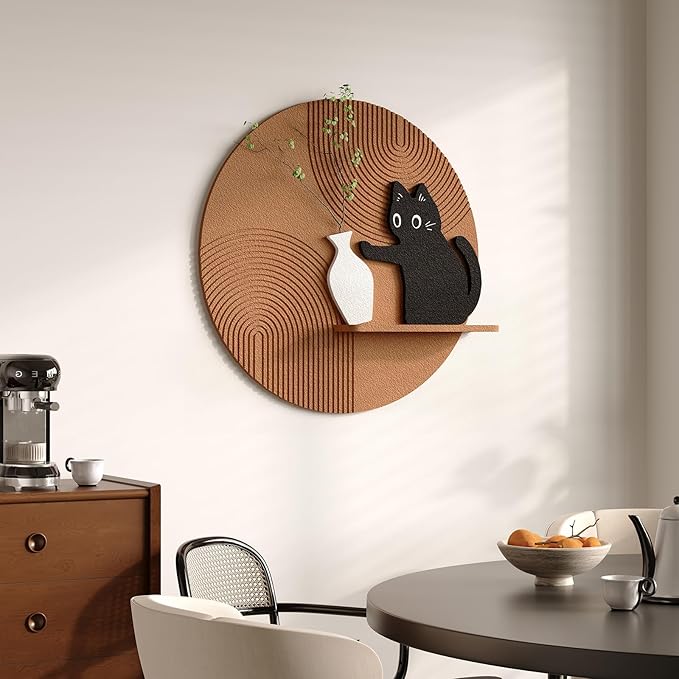 3D Textured Funny Abstract Wall Art, Black Cat and White Brown Wall Decor, Round Minimalist Artwork with Artificial Greenery, Suitable for Living Room Hallway Dining Room Bedroom Office, 24x24 In