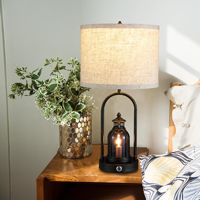 Farmhouse Lantern Table Lamps for Living Room Set of 2, Rustic Vintage Bedroom Nightstand Beside Desk Lamp with 2 USB Charging Ports,Dimmable Touch Night Light,4 Bulbs Included (Black)