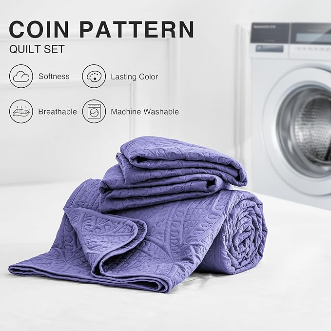Love's cabin Quilts for Queen Bed Deep Purple Bedspreads Bedding Set - Summer Lightweight Bedspread Comforter - Coin Pattern Bedding Coverlet for All Season - 3 Pieces (1 Quilt, 2 Pillow Shams)