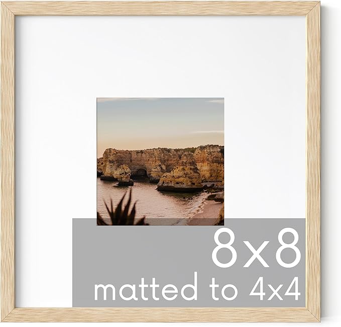 HAUS AND HUES Solid Oak 8"x8" Picture Frame Matted to 4"x4" - 8x8 Square Frame With or Without Mat, 8x8 Wood Frame, Square Photo Frame, 8 x 8 Wood Picture Frame (Beige Oak)
